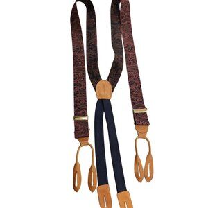 Cole Haan Mens Paisley Suspenders Leather Trim Adjustable Navy & Burgundy